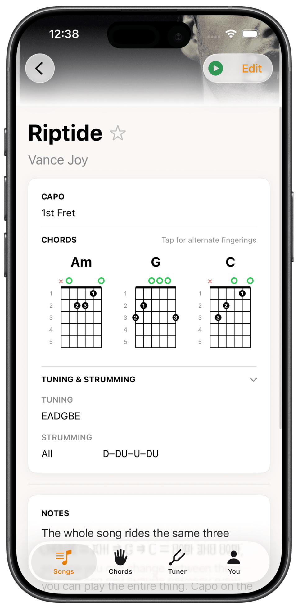 A song in Fret Not showing its chords, capo position and strumming pattern