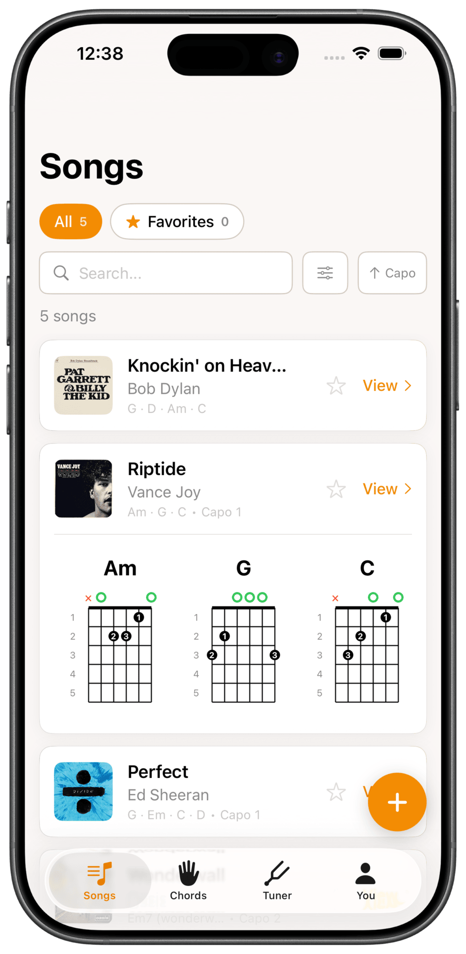 The Fret Not song list with a song opened to show its chord shapes