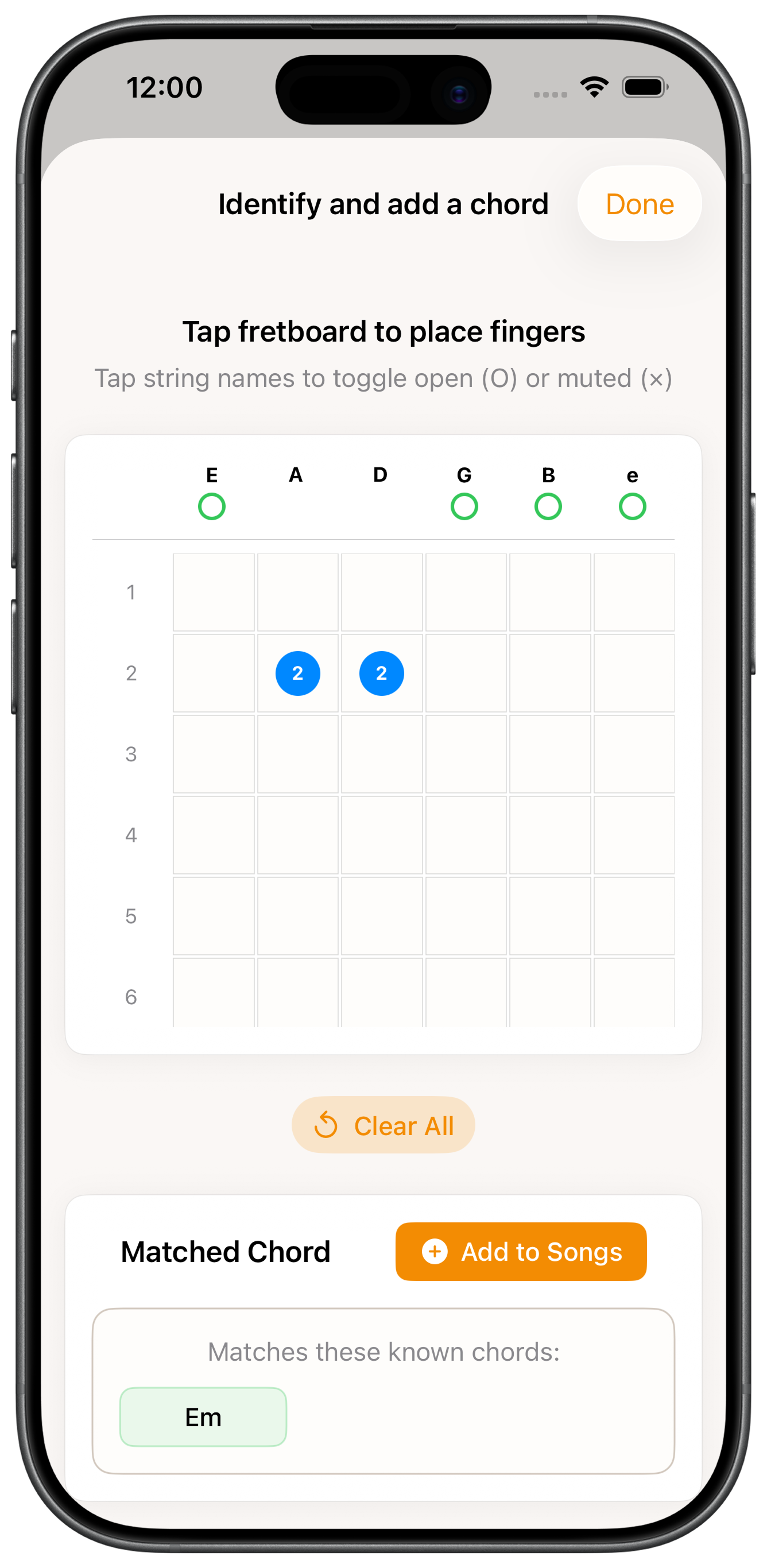 Fret Not - Virtual fretboard chord identifier, tap to identify guitar chords