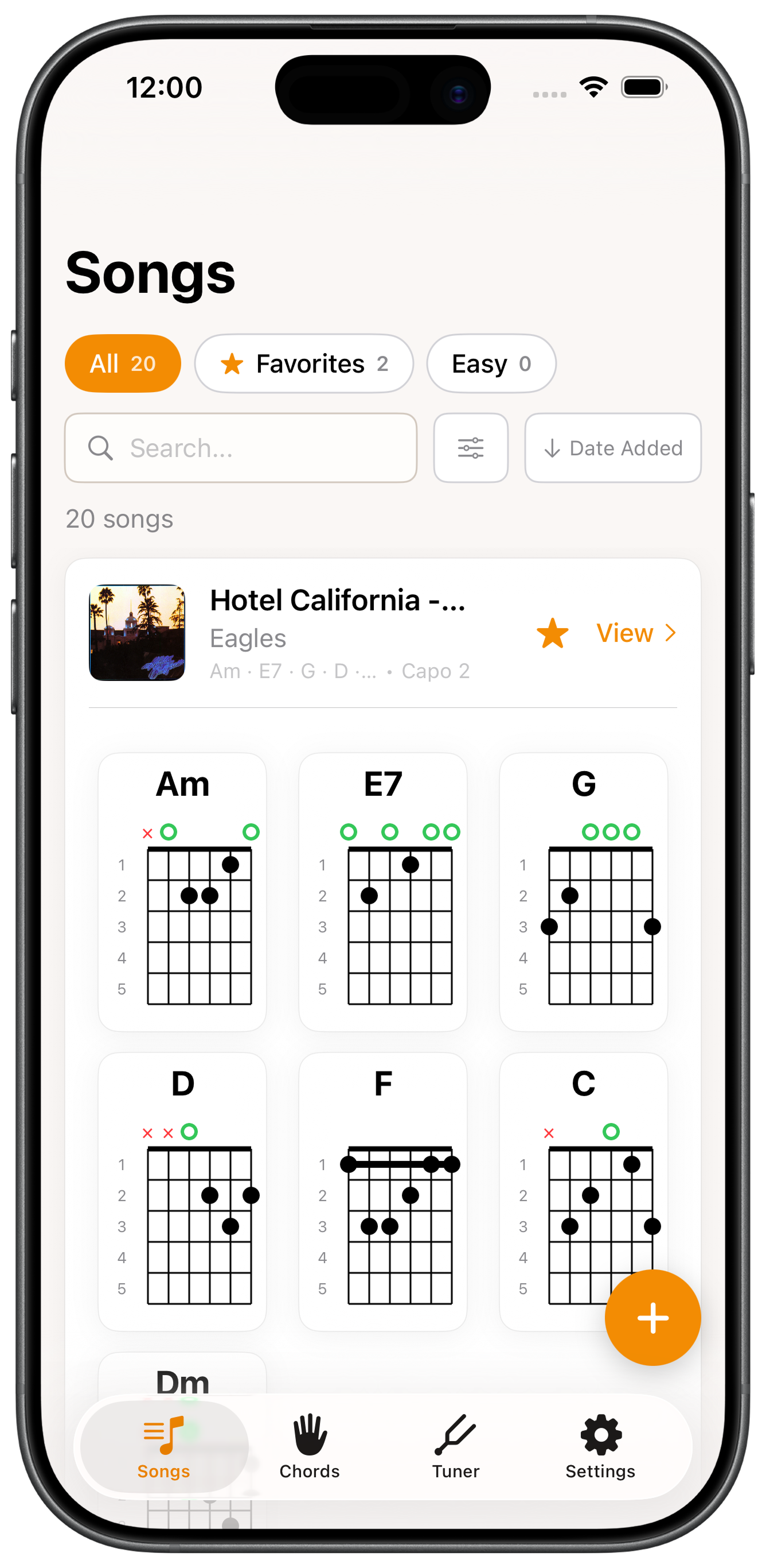 Fret Not guitar songbook app - View of song list with chords, organized library